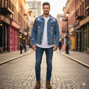 Vtg Roebuck & Co. Distressed Denim Trucker Jacket Medium-Washed Men’s Size L